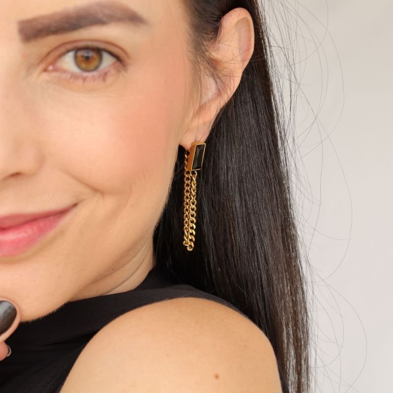 Brinco Corrente com Pedra Preta em Aço Inox (Linha Premium)