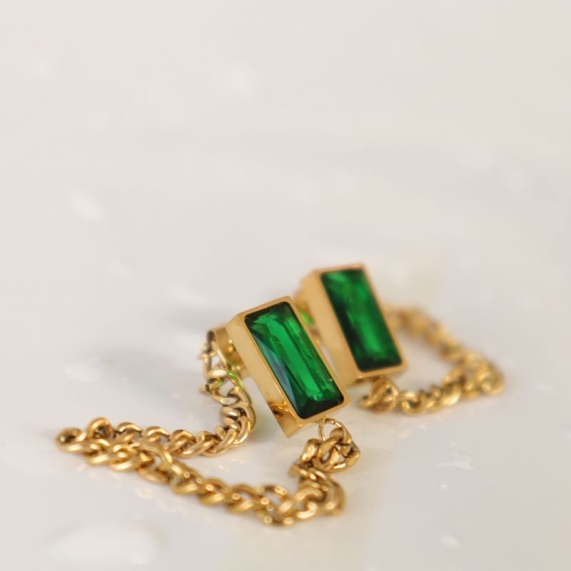 Brinco Corrente com Pedra Verde em Aço Inox