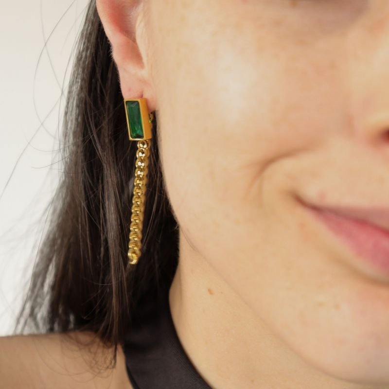 Brinco Corrente com Pedra Verde em Aço Inox