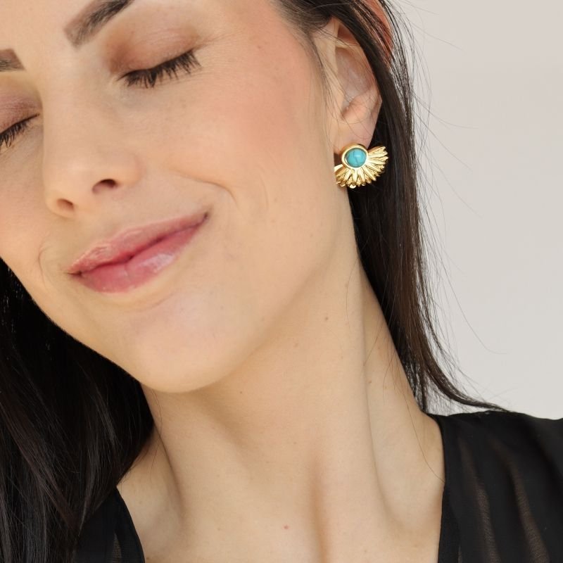 Brinco Flor Turquesa em Aço Inox (Linha Premium)