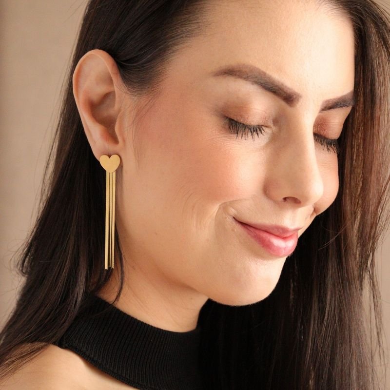 Brinco Franja Laminado Coração em Aço Inox (Linha Premium)