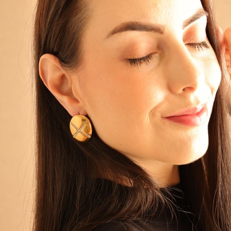 Brinco Geométrico com Strass em Aço Inox (Linha Premium)