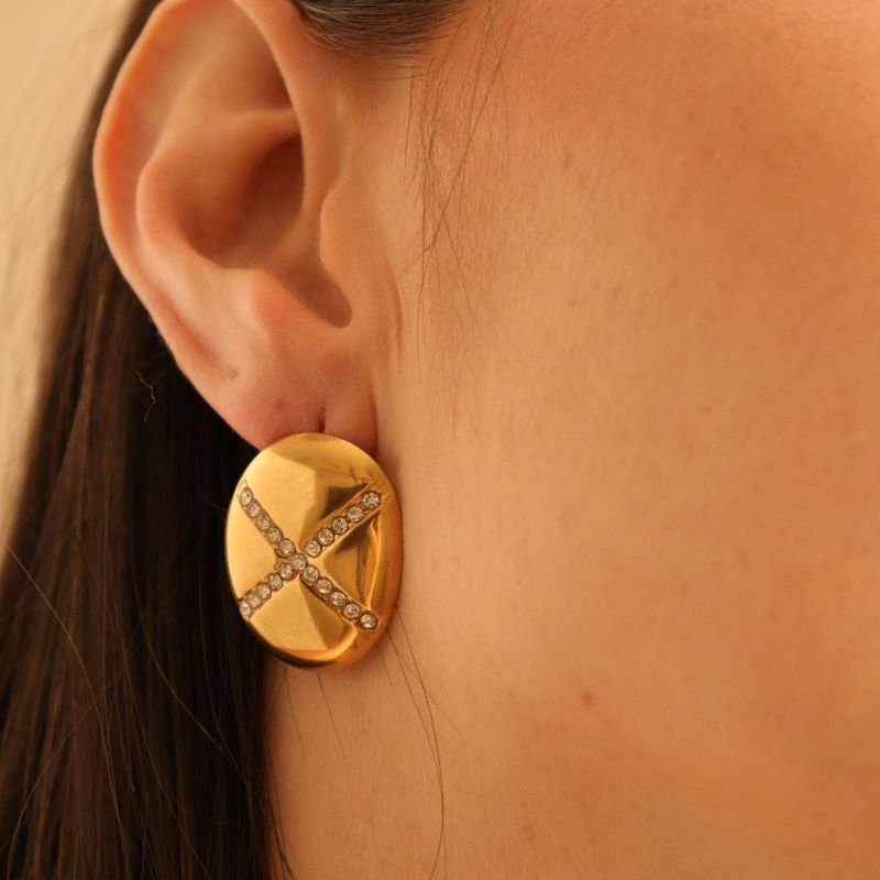 Brinco Geométrico com Strass em Aço Inox (Linha Premium)