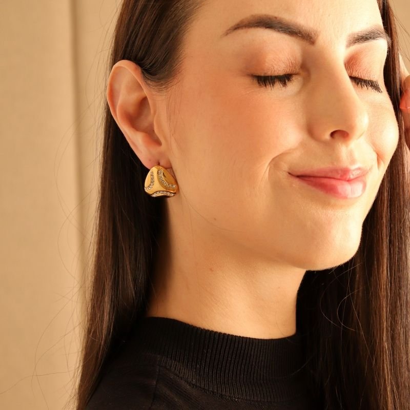 Brinco Geométrico com Strass em Aço Inox (Linha Premium)