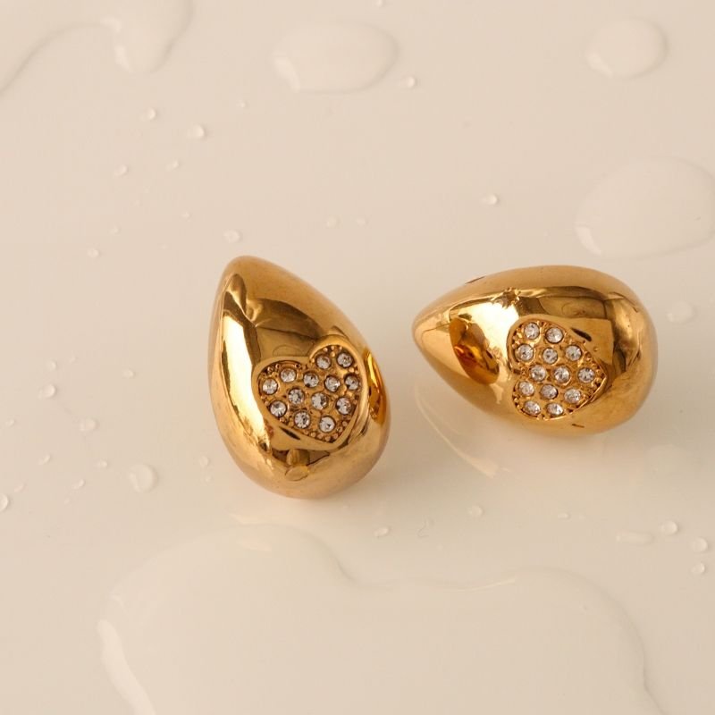 Brinco Gota Com Coração em Strass em Aço Inox (Linha Premium)