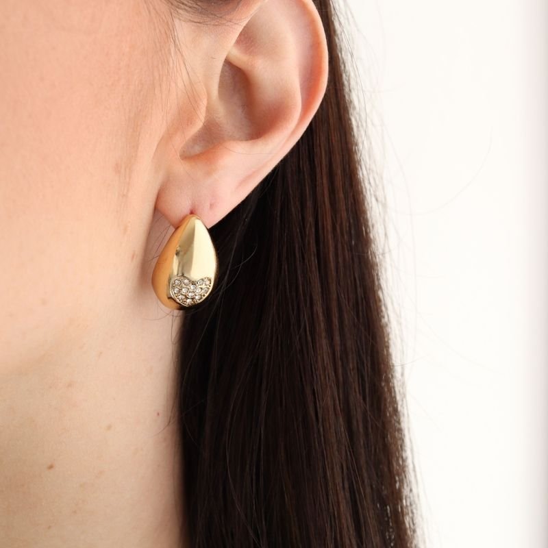 Brinco Gota Com Coração em Strass em Aço Inox (Linha Premium)