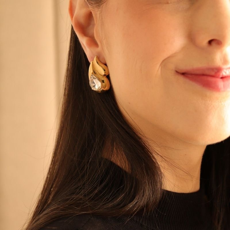 Brinco Gota Dupla com Pedra em Aço Inox (Linha Premium)