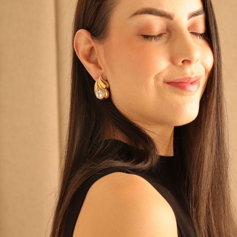 Brinco Gota Dupla com Pedra em Aço Inox (Linha Premium)