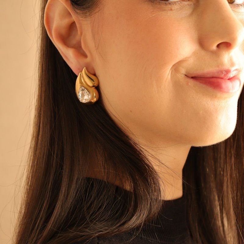 Brinco Gota Dupla com Pedra em Aço Inox (Linha Premium)