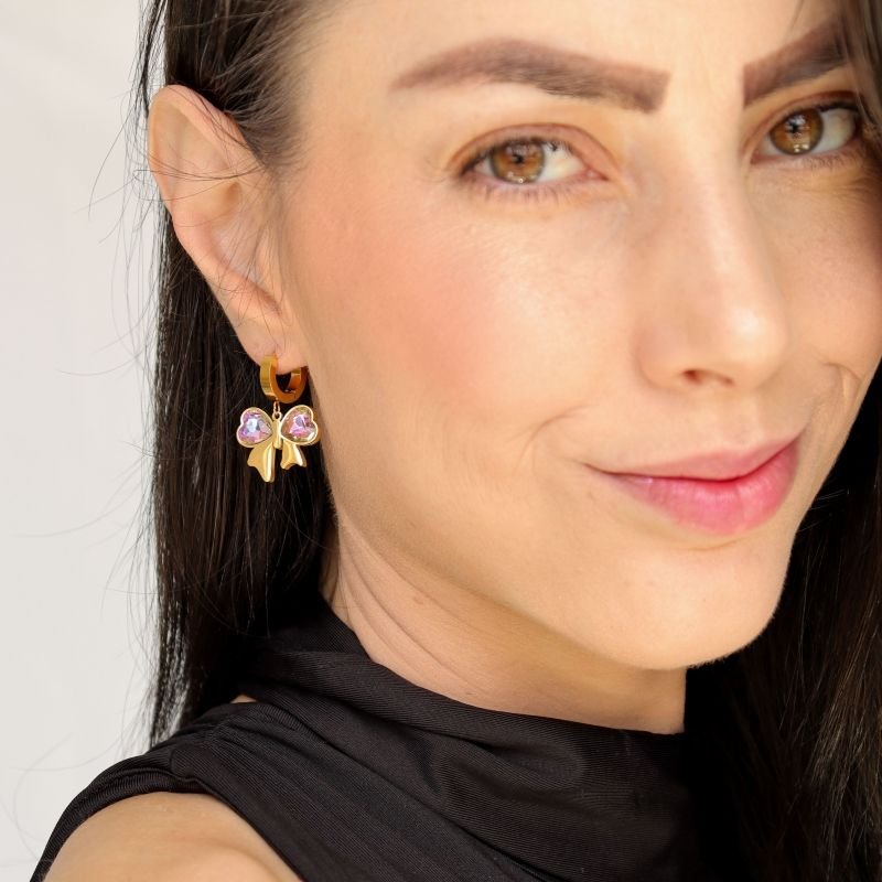 Brinco Laço Pedra Furta Cor em Aço Inox (Linha Premium)