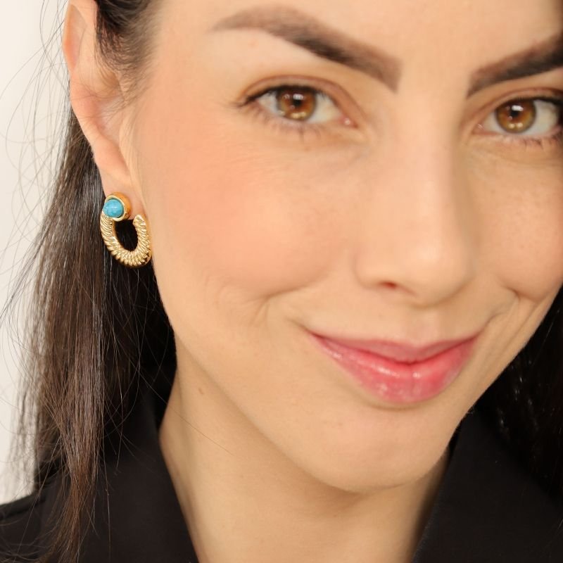 Brinco Moderno Turquesa em Aço Inox (Linha Premium)