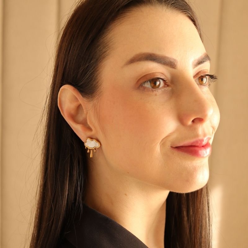 Brinco Nuvem Branco em Aço Inox (Linha Premium)