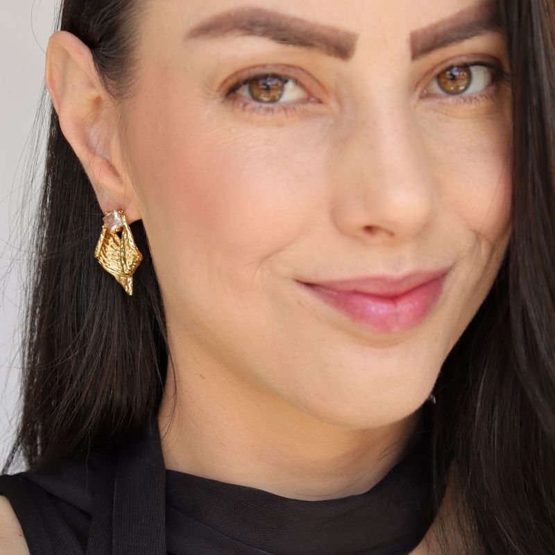 Brinco Orgânico Pedra Cristal em Aço Inox (Linha Premium)