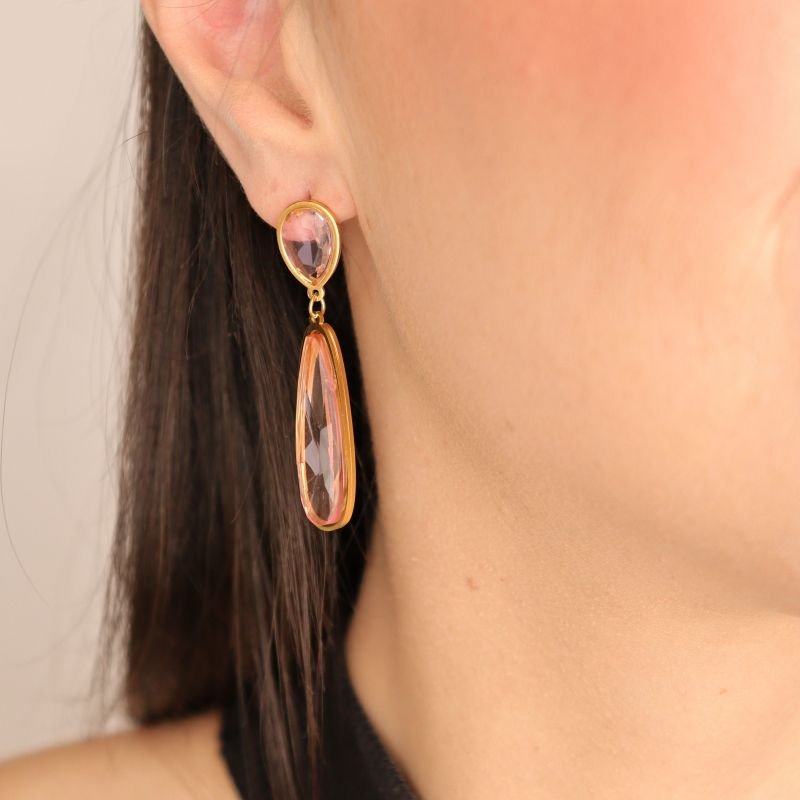 Brinco Pedra Rosa Claro em Aço Inox (Linha Premium)