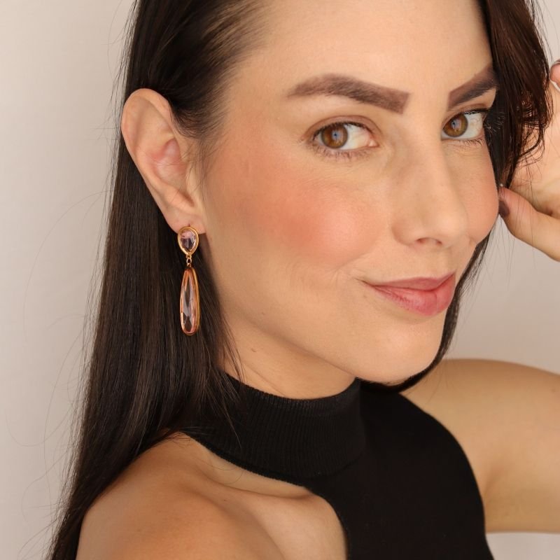 Brinco Pedra Rosa Claro em Aço Inox (Linha Premium)