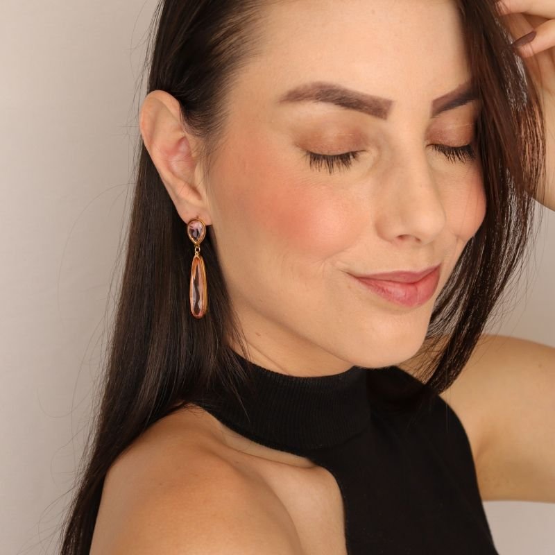 Brinco Pedra Rosa Claro em Aço Inox (Linha Premium)