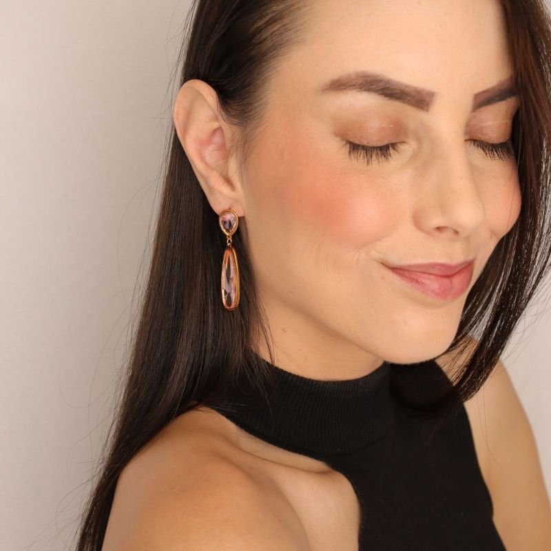 Brinco Pedra Rosa Claro em Aço Inox (Linha Premium)