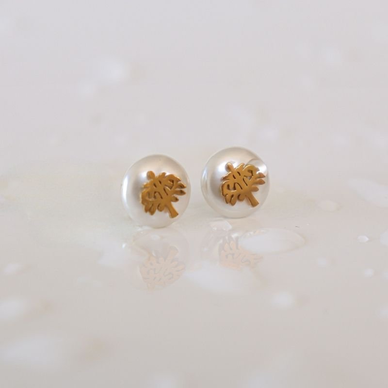 Brinco Pequeno Pérola e Arvore da vida em Aço Inox