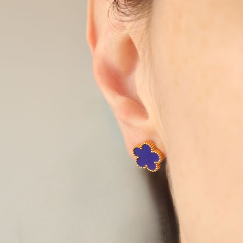 Brinco Inspiração Van Cleef Azul com Bordas em Aço Inox