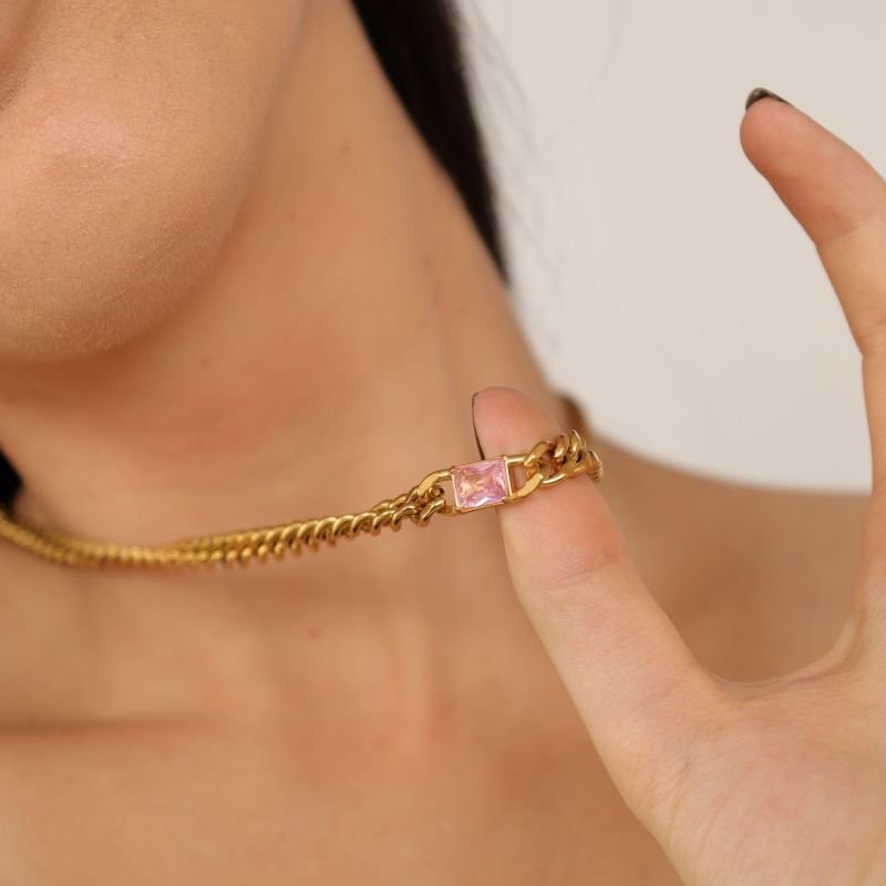 Colar Corrente com Pedra Rosa em Aço Inox (Linha Premium)