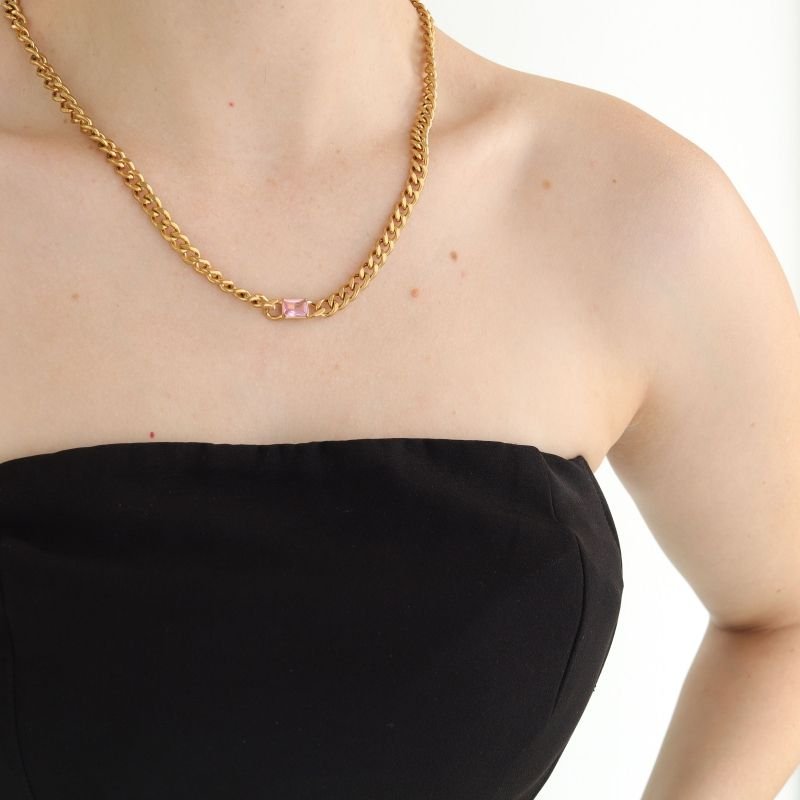 Colar Corrente com Pedra Rosa em Aço Inox (Linha Premium)
