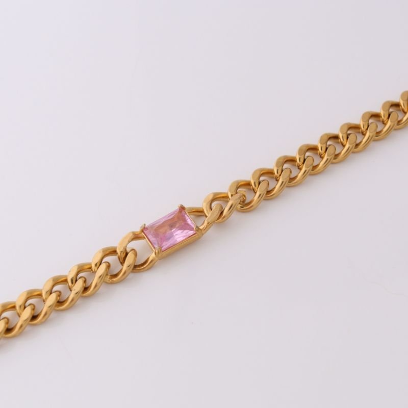 Colar Corrente com Pedra Rosa em Aço Inox (Linha Premium)