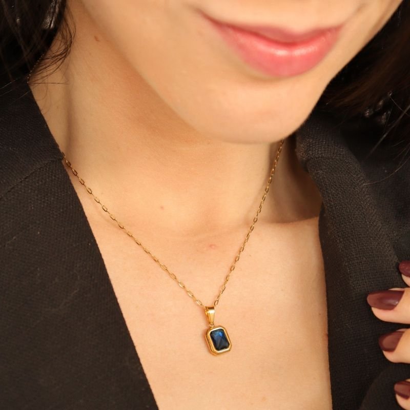 Colar Corrente Pedrinha Azul Escuro em Aço Inox (Linha Premium)