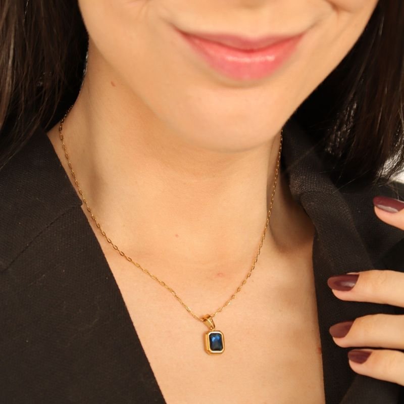 Colar Corrente Pedrinha Azul Escuro em Aço Inox (Linha Premium)