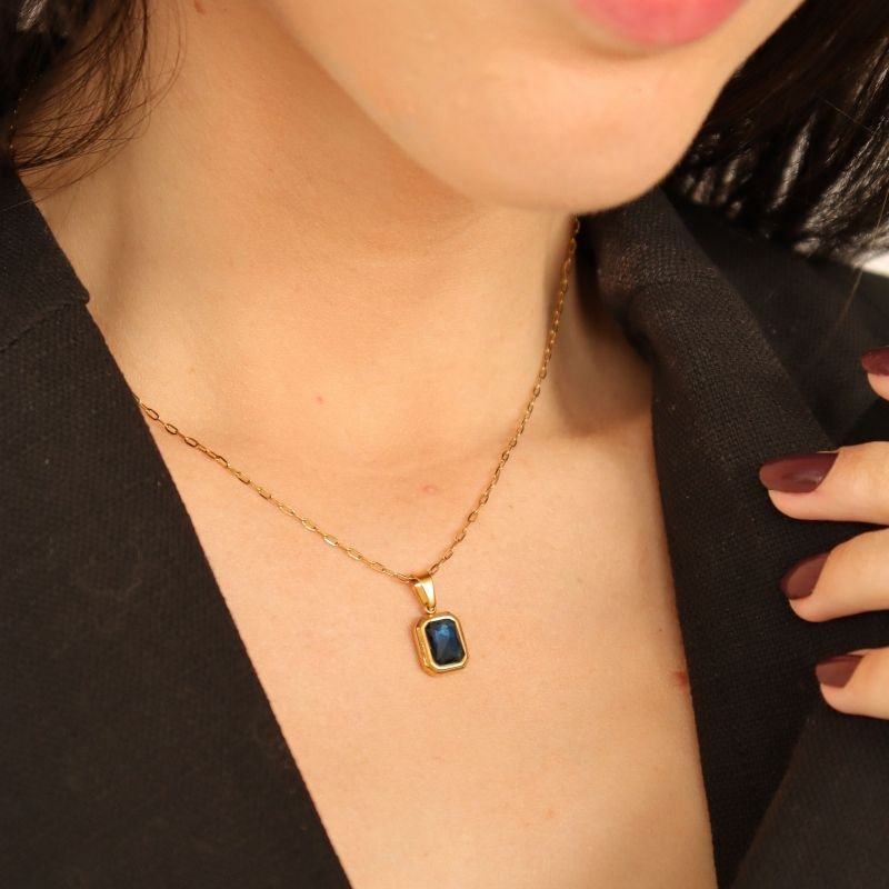 Colar Corrente Pedrinha Azul Escuro em Aço Inox (Linha Premium)