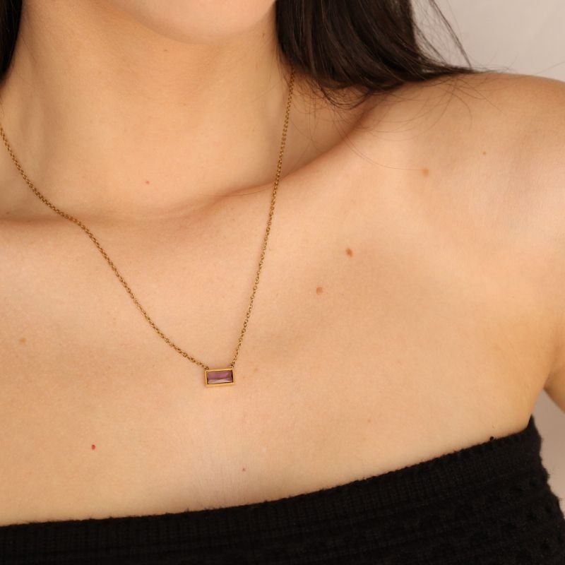 Colar Delicado Pedrinha Lilás Aço Inox