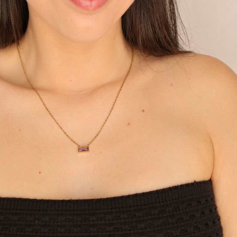 Colar Delicado Pedrinha Lilás Aço Inox