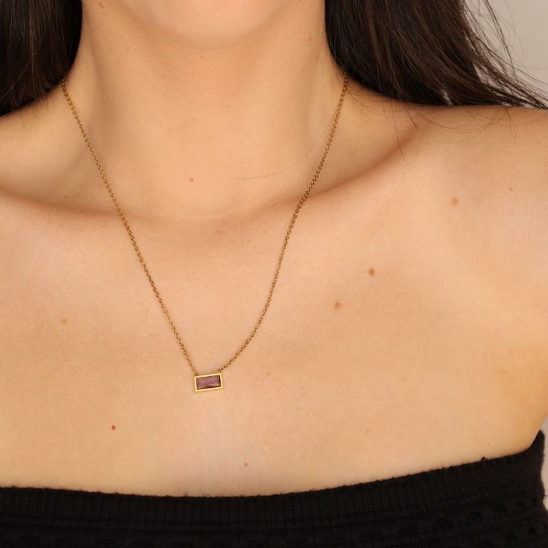 Colar Delicado Pedrinha Lilás Aço Inox