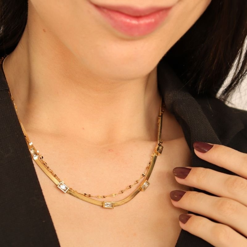 Colar Duplo com Pedrinha em Aço Inox (Linha Premium)