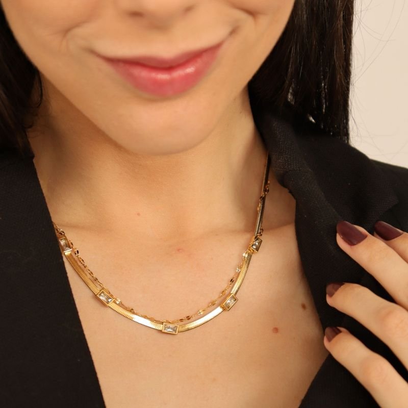 Colar Duplo com Pedrinha em Aço Inox (Linha Premium)