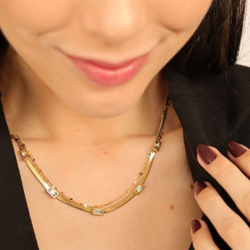 Colar Duplo com Pedrinha em Aço Inox (Linha Premium)