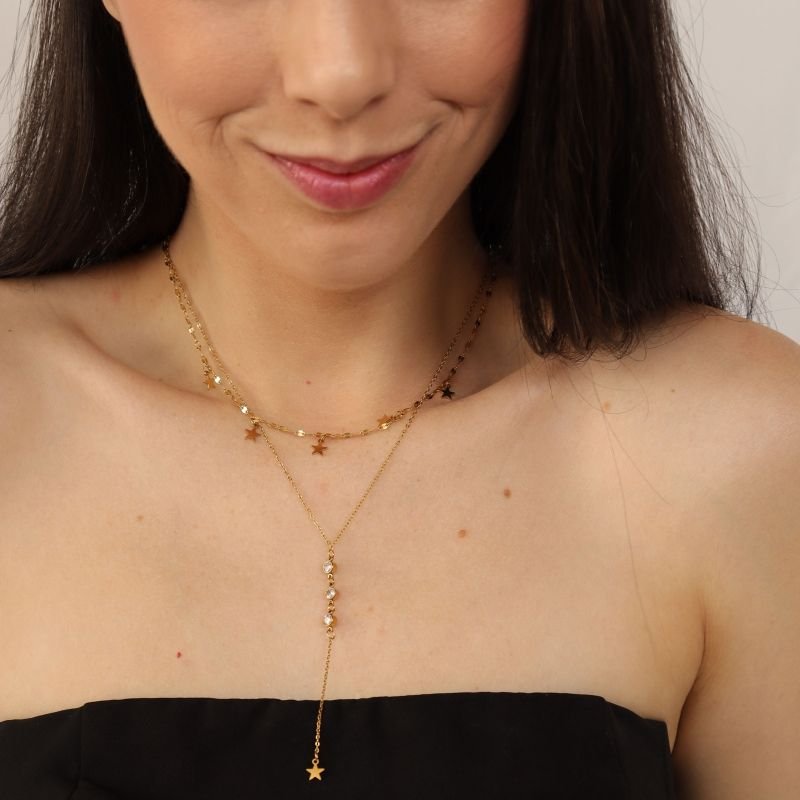 Colar Duplo Estrela em Aço Inox