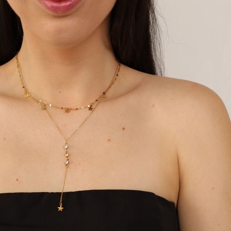 Colar Duplo Estrela em Aço Inox