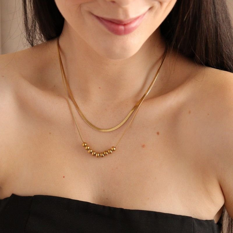 Colar Duplo Minimalista Esferas em Aço Inox (Linha Premium)