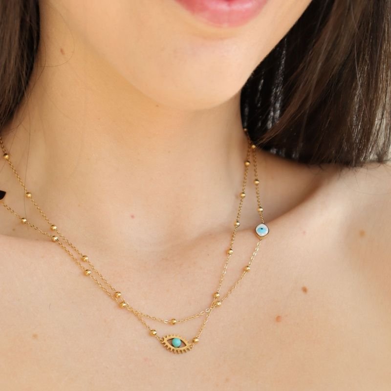 Colar Duplo Olho Grego em Aço Inox (Linha Premium)