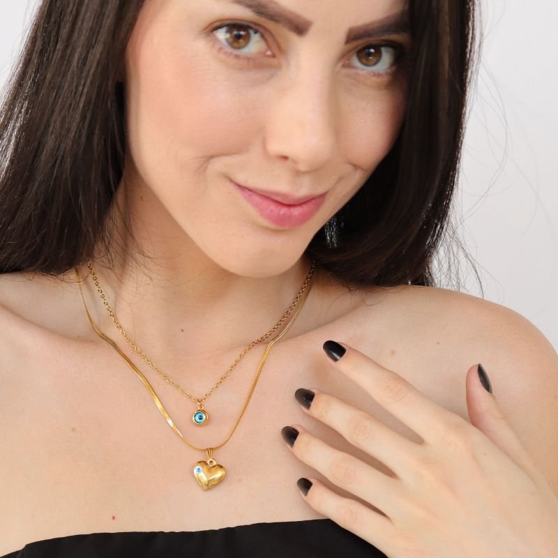 Colar Duplo Olho Grego em Aço Inox