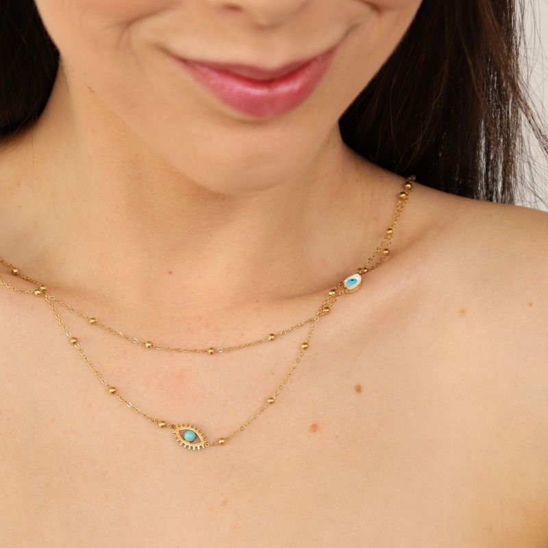 Colar Duplo Olho Grego em Aço Inox