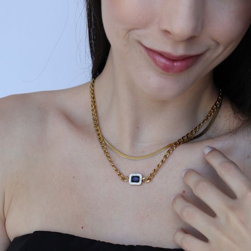 Colar Duplo Pedra Azul em Aço Inox (Linha Premium)