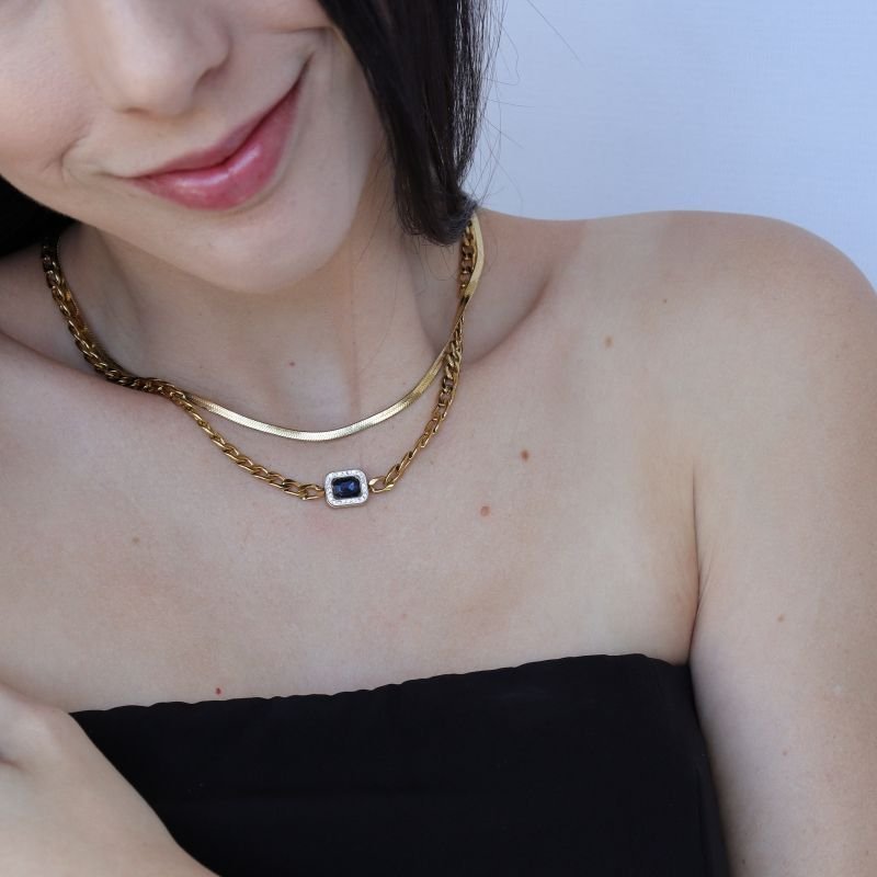 Colar Duplo Pedra Azul em Aço Inox (Linha Premium)