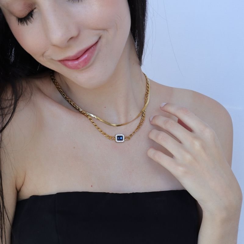 Colar Duplo Pedra Azul em Aço Inox (Linha Premium)
