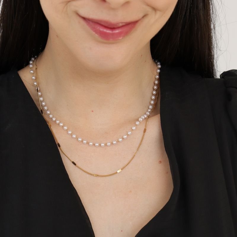 Colar Duplo Pérola em Aço Inox