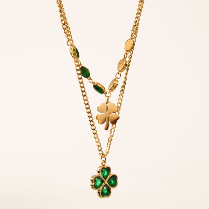 Colar Duplo Trevo Verde em Aço Inox (Linha Premium)