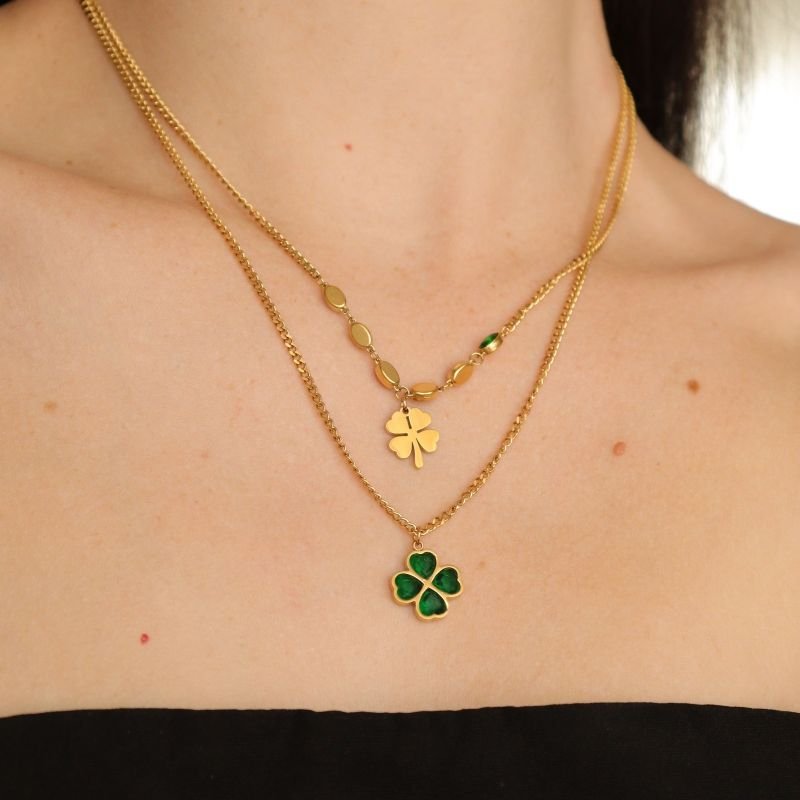 Colar Duplo Trevo Verde em Aço Inox (Linha Premium)