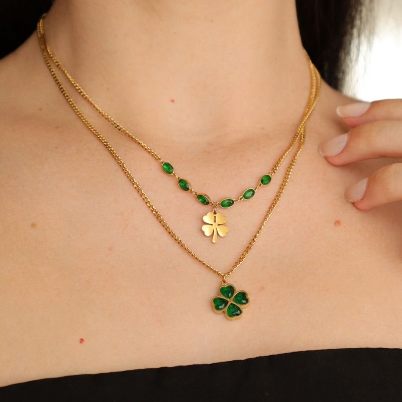 Colar Duplo Trevo Verde em Aço Inox (Linha Premium)