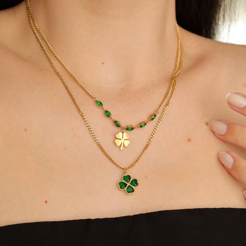 Colar Duplo Trevo Verde em Aço Inox (Linha Premium)