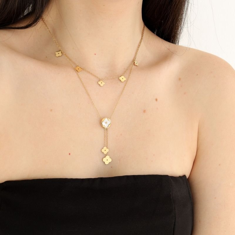 Colar Duplo Inspiração Van Cleef White em Aço Inox (Linha Premium)